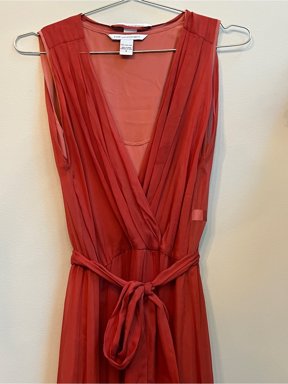 Sleeveless Rust Color Wrap Maxi Dress with Tie Waist. - Picture 5 of 10